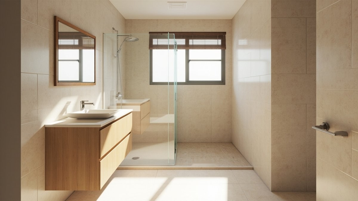 Illustrative concept design: beige tiled bathroom with a full-height glass shower screen and oak vanities