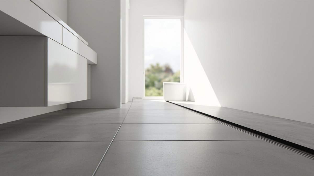 Illustrative concept design: grey tiled floor falling to a long linear drain under a tall window