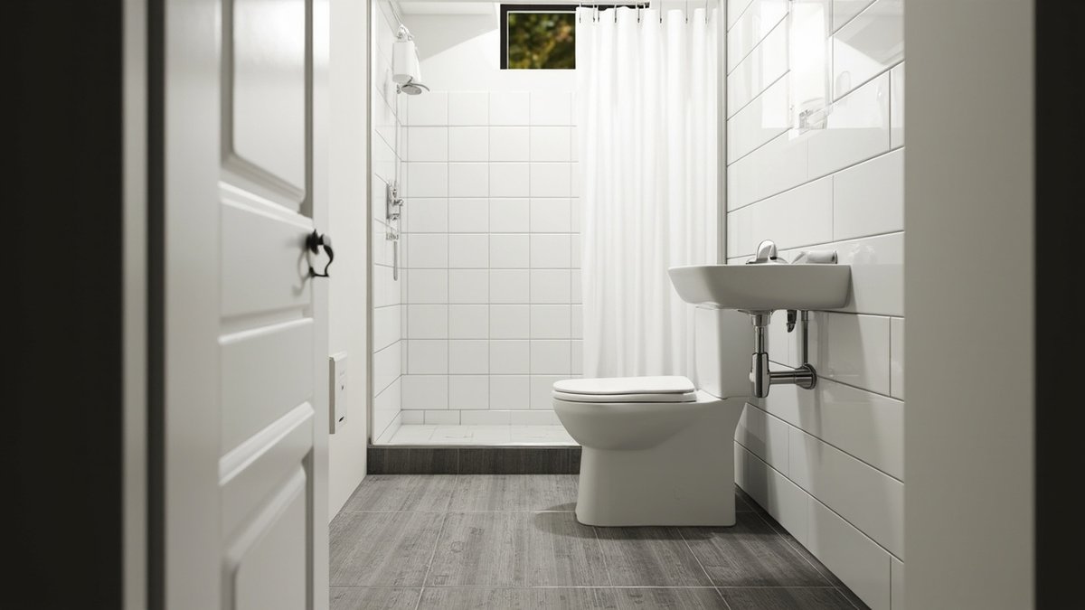 Illustrative concept design: simple white-tiled bathroom with a toilet, wall-hung basin and curtained shower