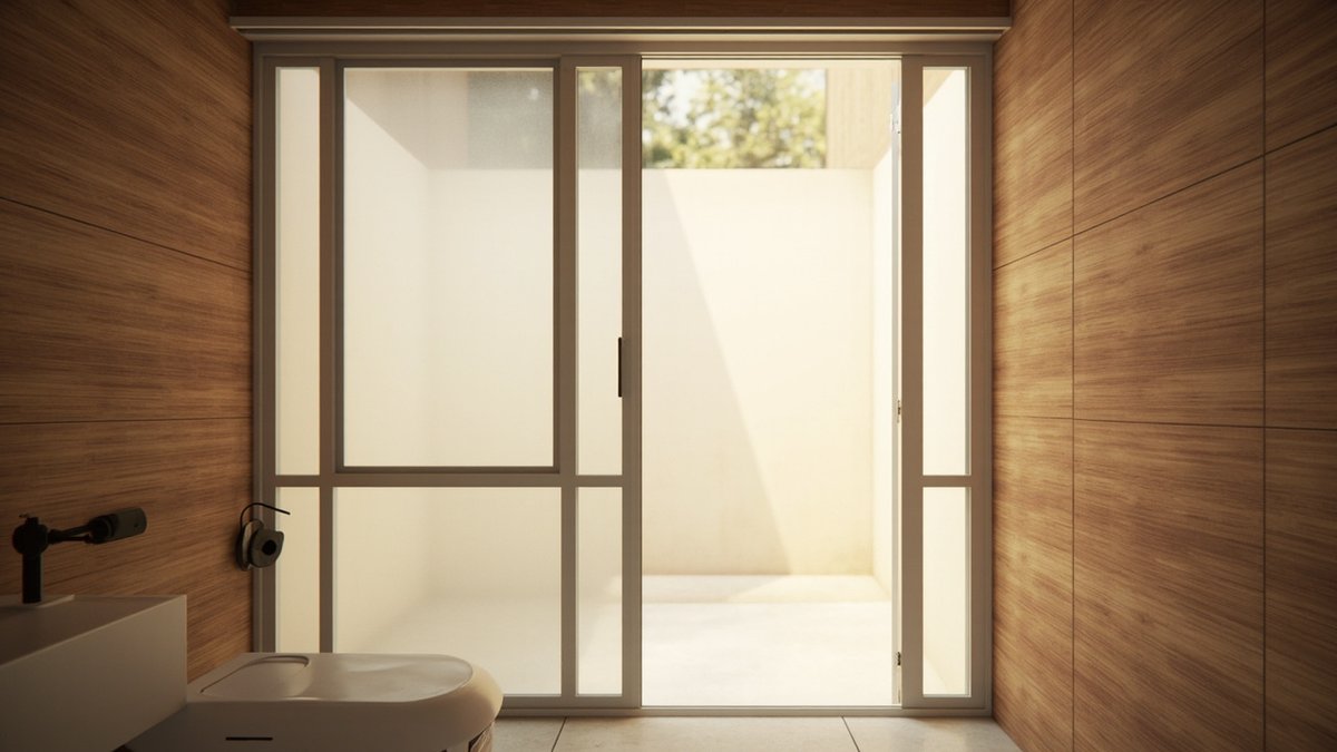Illustrative concept design: timber-look tiled bathroom facing frosted glass panels and a door to the air well