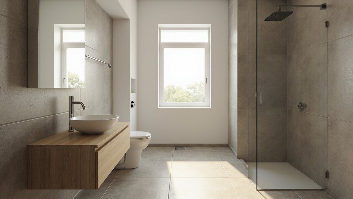 Illustrative concept design: warm grey tiled en-suite with a floating oak vanity and a glass walk-in shower at the end
