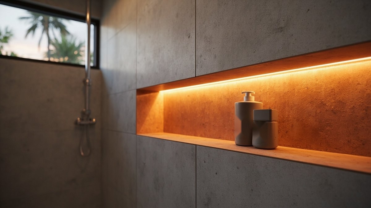 Illustrative concept design: long lit niche lined in terracotta tones in a grey shower wall