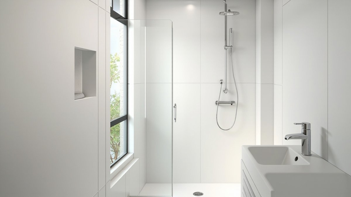 Illustrative concept design: white walk-in shower with a glass panel, a wall niche and a tall window