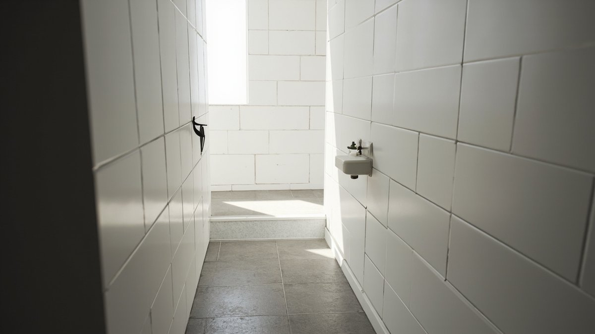 Illustrative concept design: narrow white-tiled bathroom with one low step up to a raised floor area