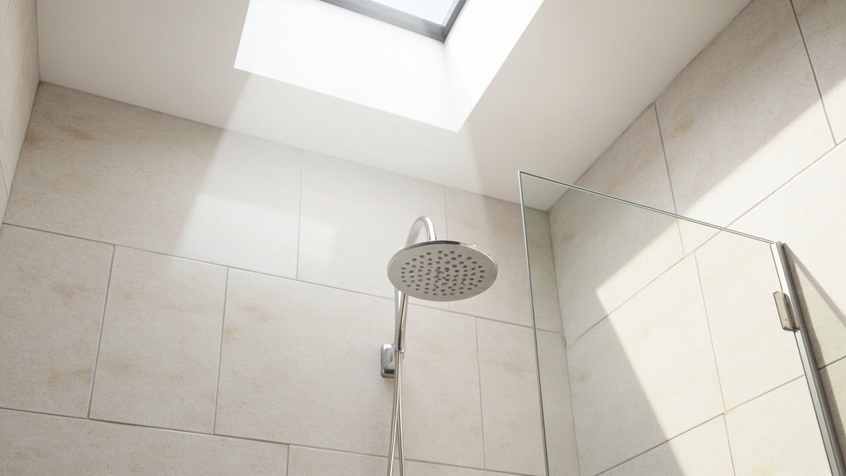 Illustrative concept design: rain shower under a skylight with beige stone-look tiles