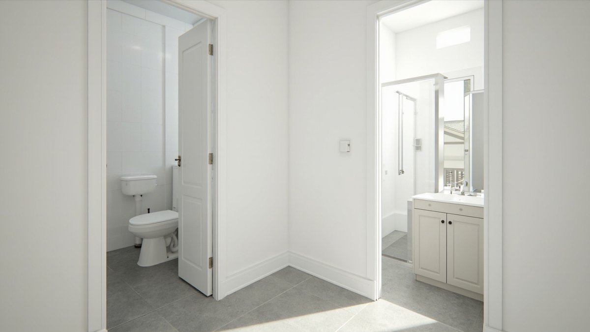 Illustrative concept design: two side-by-side doors to a WC compartment and a shower room with a vanity