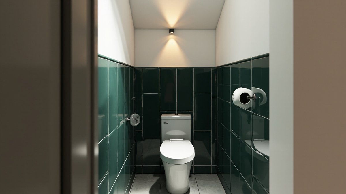 Illustrative concept design: narrow powder room with dark green glazed tiles to dado height and a toilet