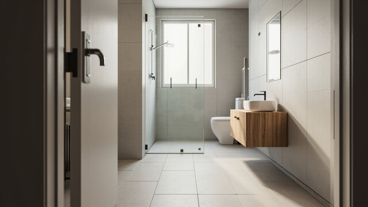 Illustrative concept design: grey-tiled bathroom with a glass-screened shower under the window, a floating oak vanity with a vessel basin and a toilet