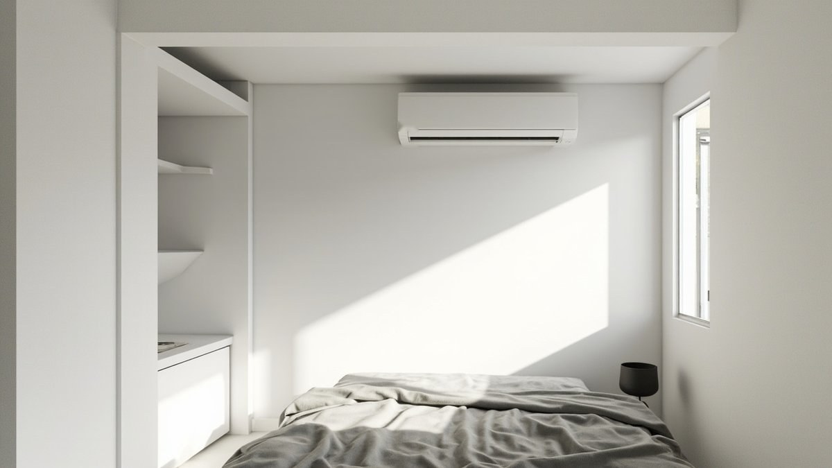 Ilustrasi konsep reka bentuk: bilik tidur putih kecil dengan bulkhead kotak dan unit aircond dinding di bawahnya