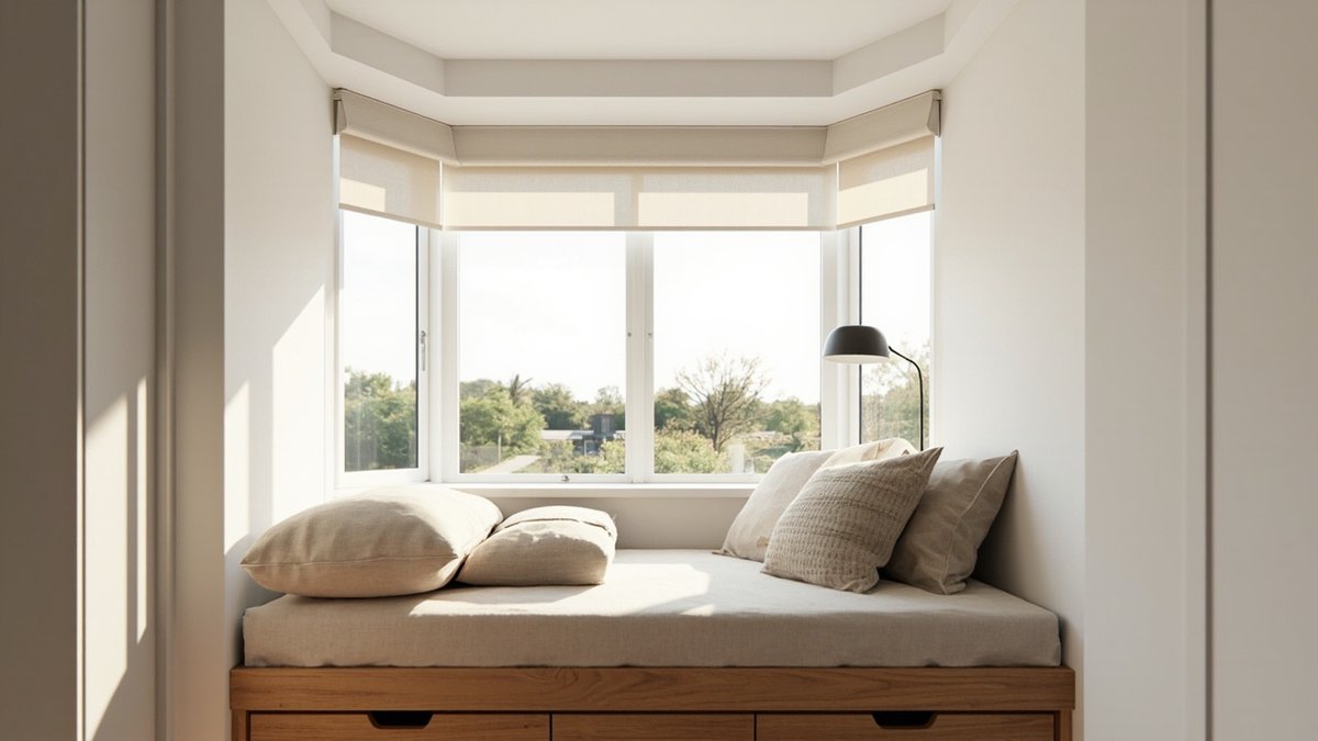 Ilustrasi konsep reka bentuk: daybed tingkap unjur dengan kusyen linen di atas laci oak dan bidai roman
