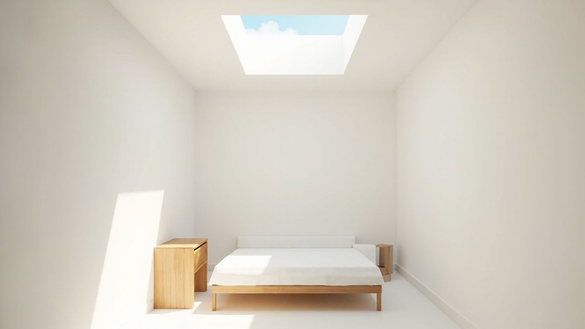 Ilustrasi konsep reka bentuk: bilik putih diterangi skylight segi empat dengan katil dan meja oak