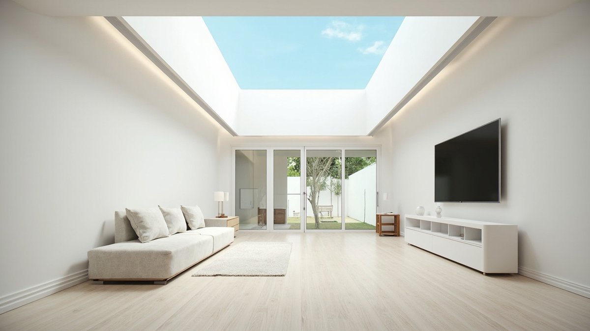 Ilustrasi konsep reka bentuk: ruang tamu sambungan belakang di bawah telaga skylight besar berlampu cove, sofa cerah dan pintu kaca ke halaman