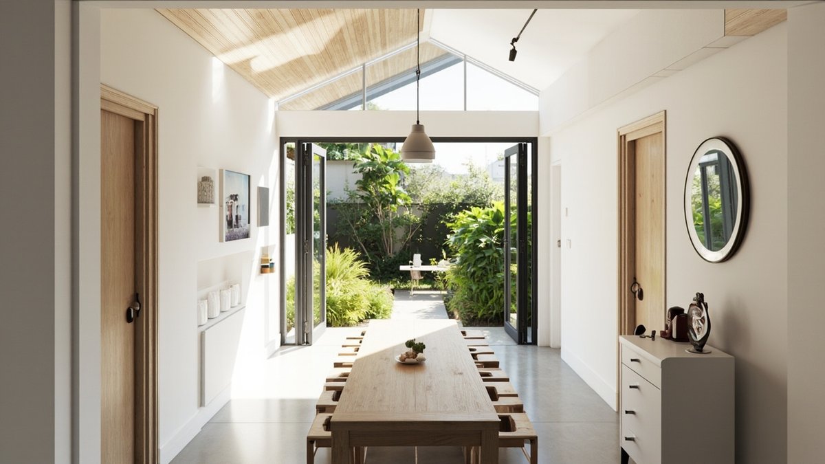 Illustrative concept design: rear extension dining room with a gabled timber-lined ceiling, a glazed gable end, black folding glass doors open to a planted yard and a long timber table