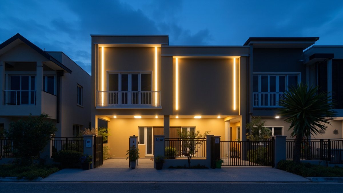Ilustrasi konsep reka bentuk: muka depan rumah teres kuning air waktu senja dengan garis lampu LED menegak di tepi dan downlight porch menyala