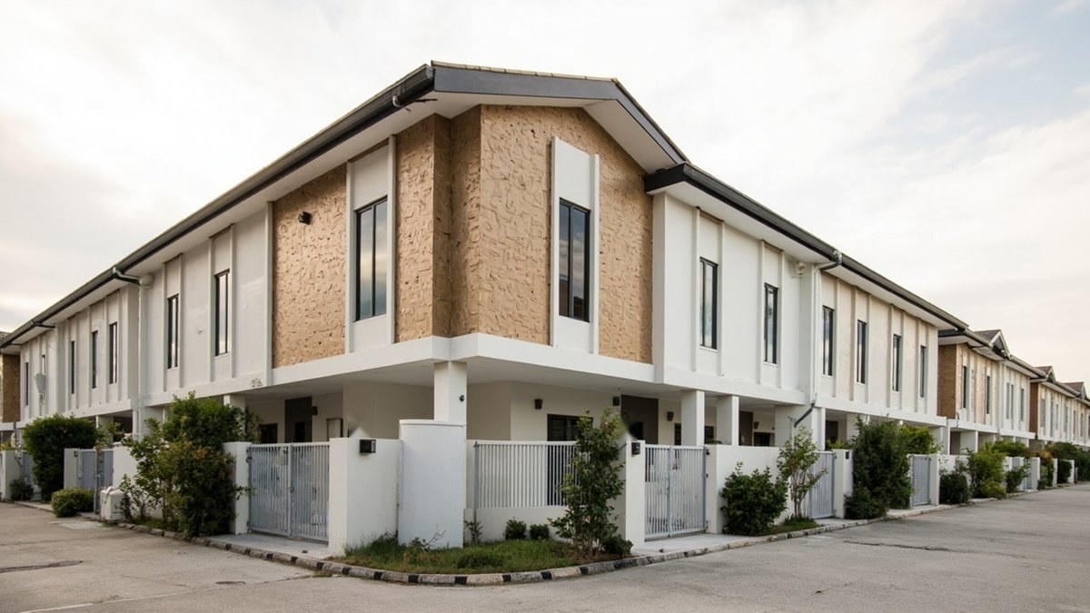 Ilustrasi konsep reka bentuk: deretan rumah teres dua tingkat dengan panel bertekstur warna pasir di tingkat atas dan tingkat bawah putih