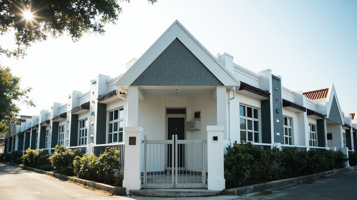 Ilustrasi konsep reka bentuk: deretan rumah teres setingkat, unit paling dekat dengan gable bertekstur kelabu di atas porch dan pagar putih rendah