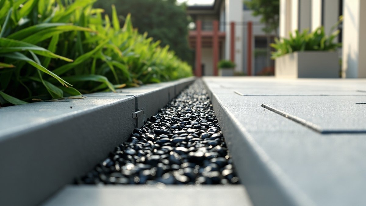Ilustrasi konsep reka bentuk: parit batu kelikir hitam di antara kerb kelabu di sebelah rumput rendah dan porch berturap