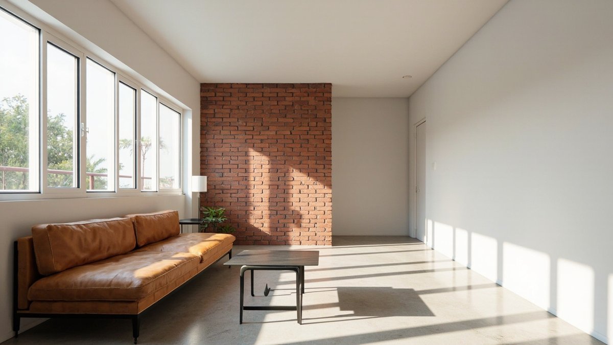 Illustrative concept design: terrace house living room with an exposed red brick wall panel and a tan leather sofa under the front windows