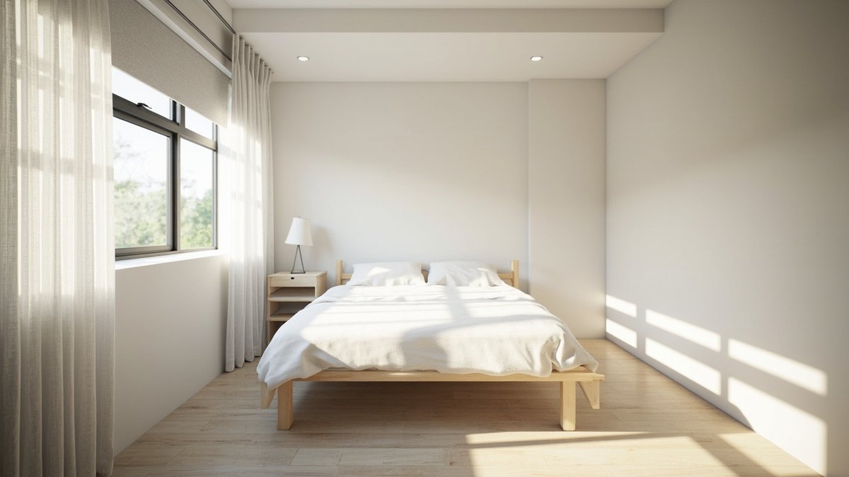 Illustrative concept design: terrace house front bedroom with a grey roller blind partly down and white sheers gathered at the sides