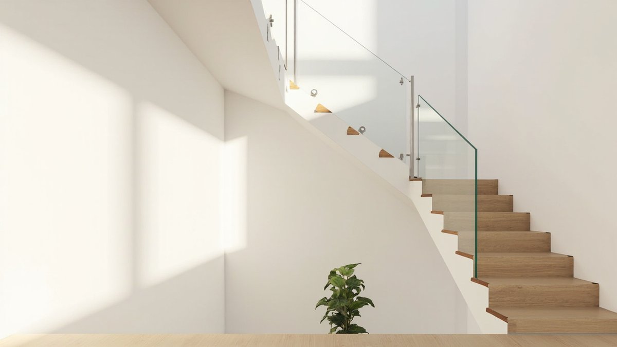 Illustrative concept design: terrace house staircase with light oak re-clad treads and a frameless glass balustrade