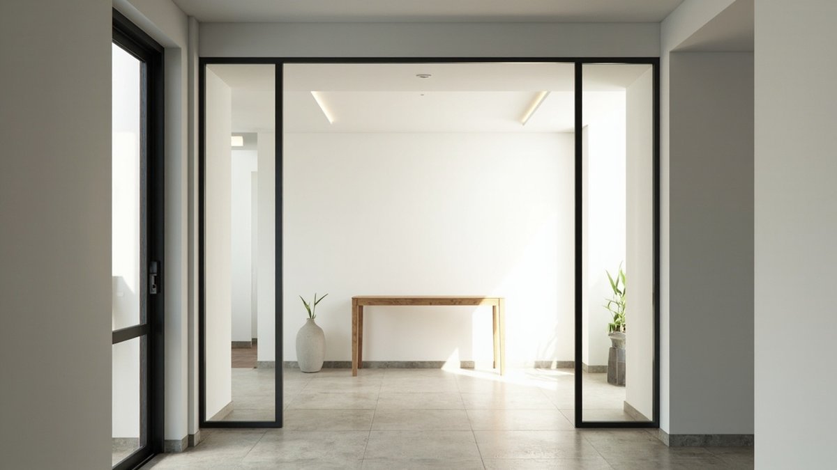 Illustrative concept design: black-framed glass panels around a wide opening letting daylight into a terrace house middle room