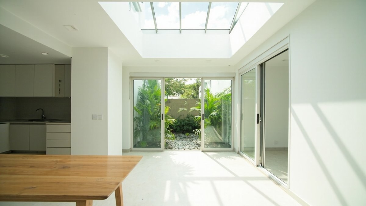 Illustrative concept design: terrace house middle zone with a skylight over the dining table and a small planted court behind glass sliding doors