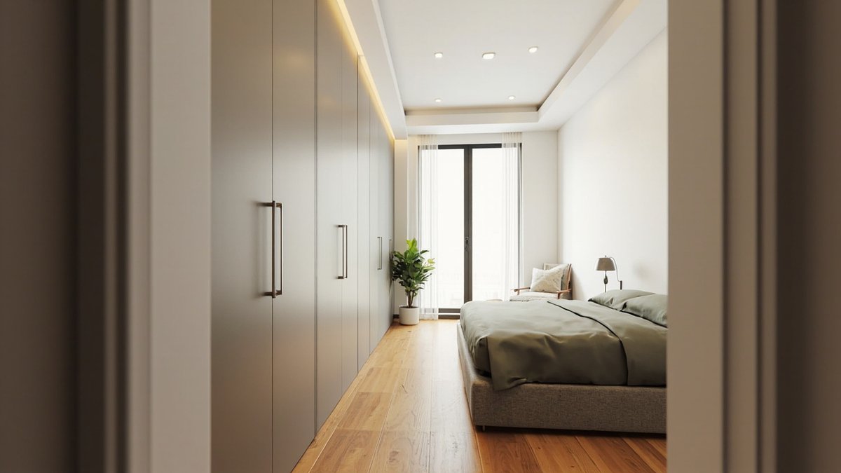 Illustrative concept design: terrace house master bedroom with a full-length built-in wardrobe along the side wall