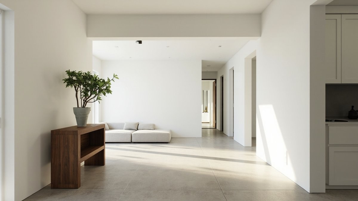 Illustrative concept design: open terrace house ground floor seen from the front door with one floor running to the back