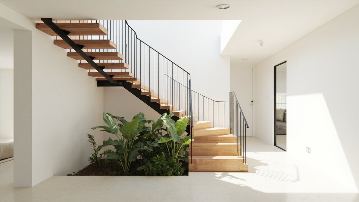 Illustrative concept design: terrace house open-riser oak staircase on a slim black steel stringer