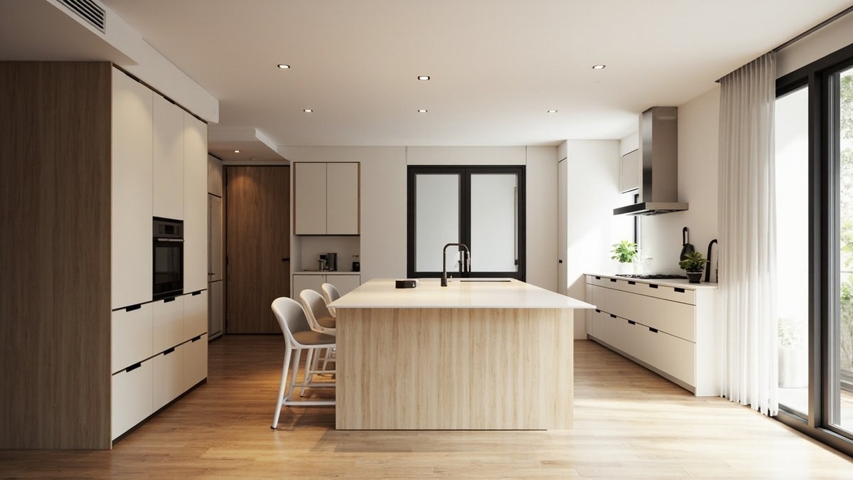Illustrative concept design: terrace house dry kitchen island with stools and frosted glass doors to the wet kitchen behind