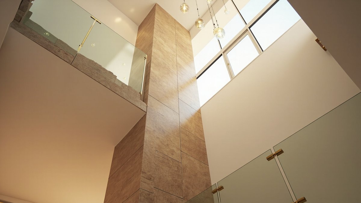 Illustrative concept design: terrace house stair void with a stone-look feature wall and glass globe pendants