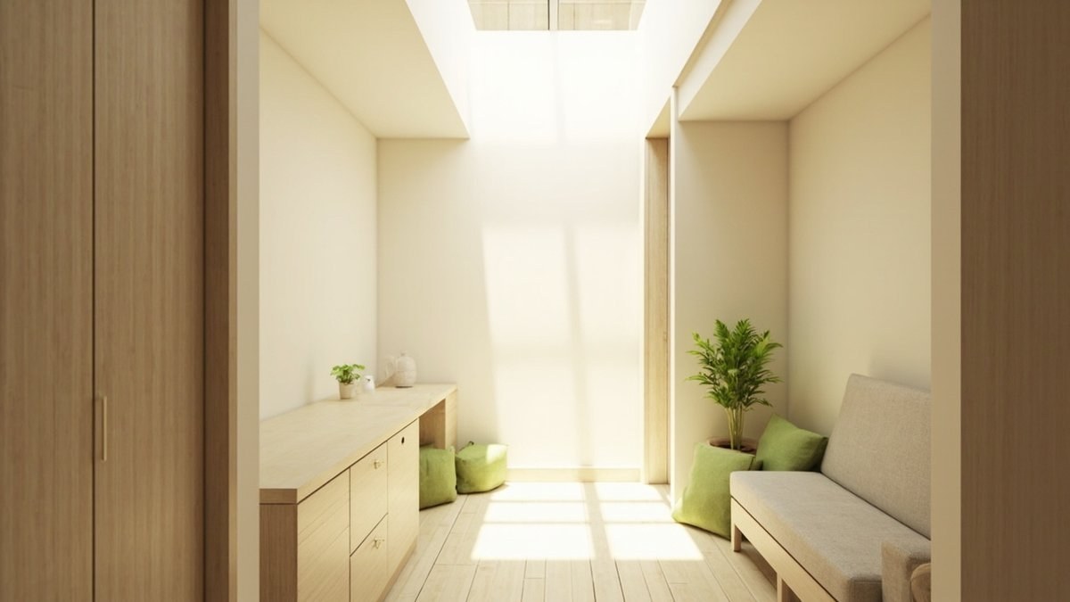 Illustrative concept design: terrace house upstairs landing turned into a family hall with oak cabinets, a bench sofa and floor cushions under a skylight