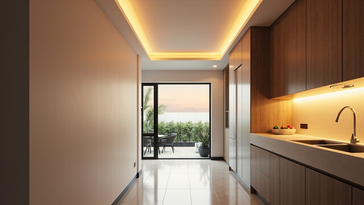 Ilustrasi konsep reka bentuk: dapur sempit dengan kotak siling rendah berlampu cove dan kabinet walnut