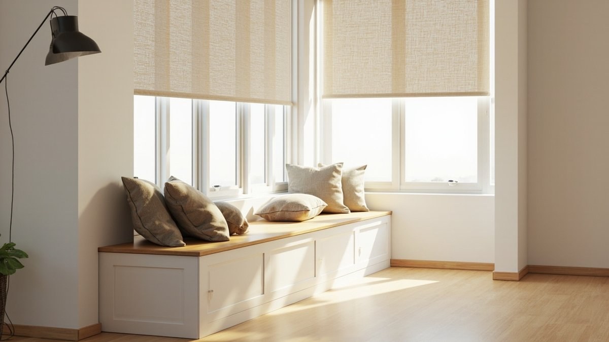 Illustrative concept design: white bench with an oak top and cushions under tall windows with linen roller blinds