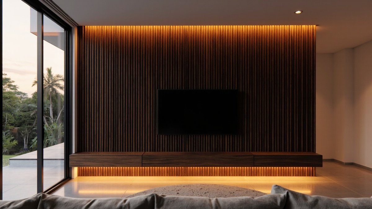 Illustrative concept design: dark walnut fluted TV wall with warm LED glow and a floating walnut console