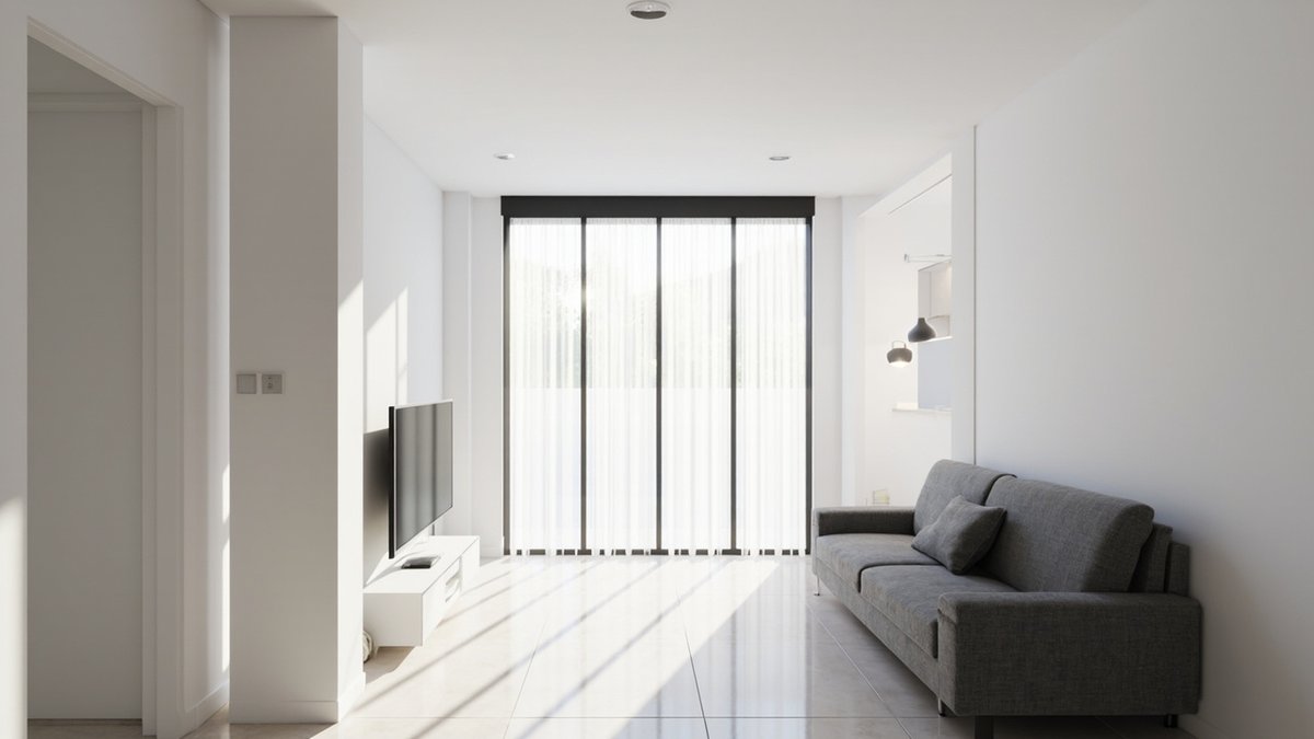 Illustrative concept design: narrow white living room ending in full-height black-framed glass doors with sheer curtains