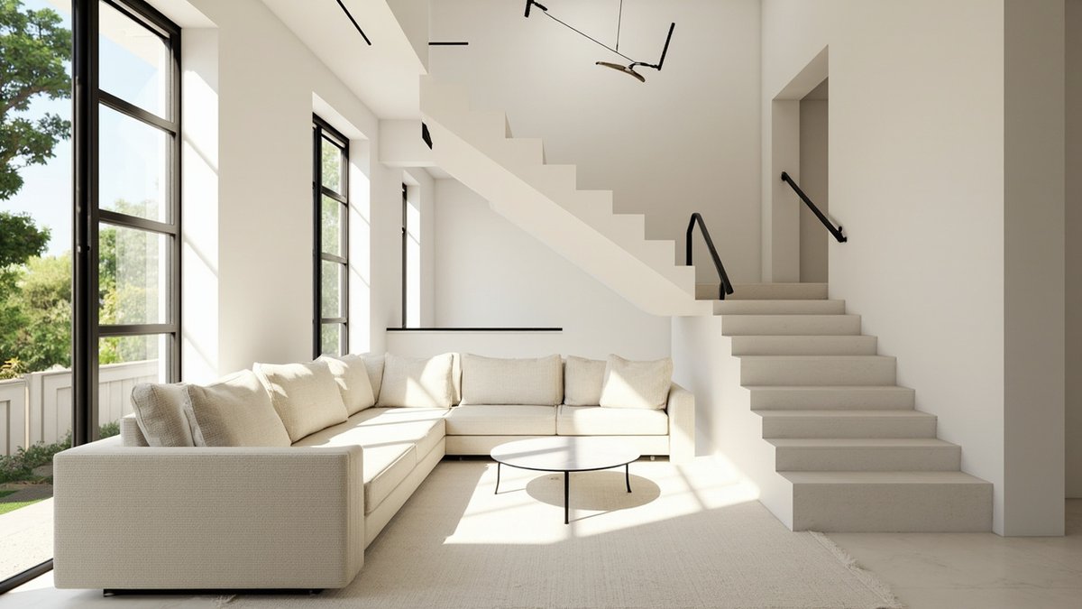 Illustrative concept design: cream L-shaped sofa beside a solid white staircase with black handrails