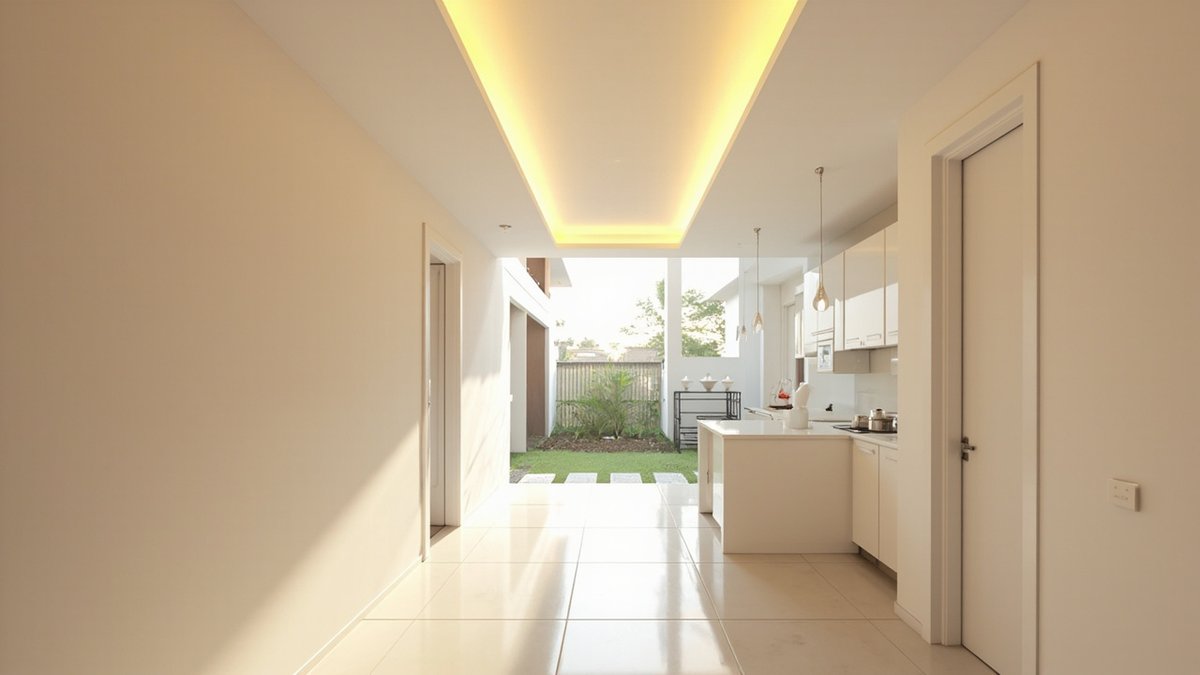 Illustrative concept design: long cove-lit ceiling running past a white kitchen to a back garden
