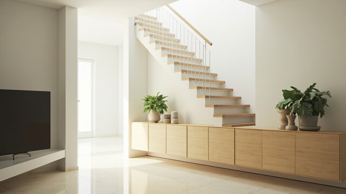 Illustrative concept design: long low light oak floating cabinet along the base of an open timber staircase