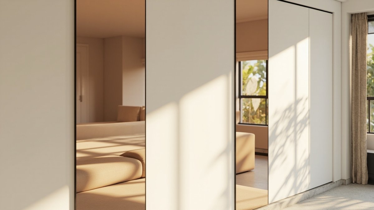 Illustrative concept design: tall mirror panels alternating with white panels on a side wall reflecting a beige sofa