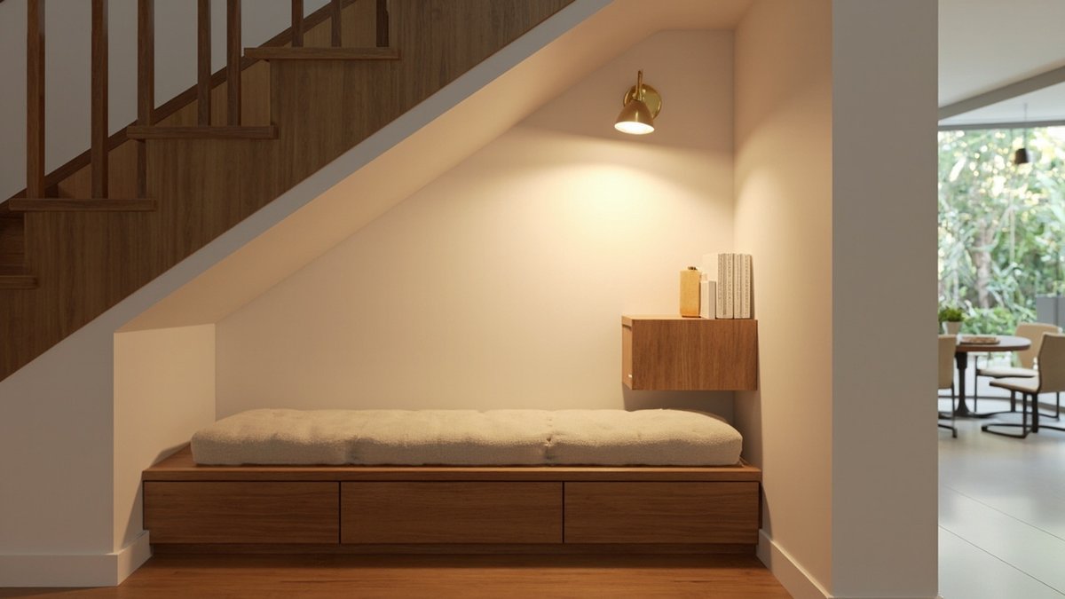 Illustrative concept design: oak bench with drawers and a cushion under a timber staircase with a brass wall lamp