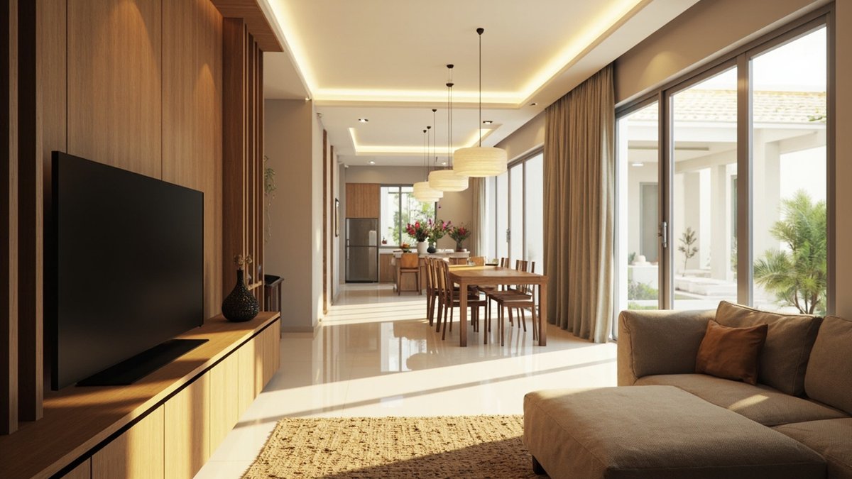 Illustrative concept design: long room with a jute rug and sofa in front and drum pendants over a dining table behind