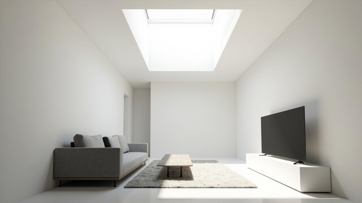 Illustrative concept design: minimal living room under a deep square skylight well with a grey sofa and rug