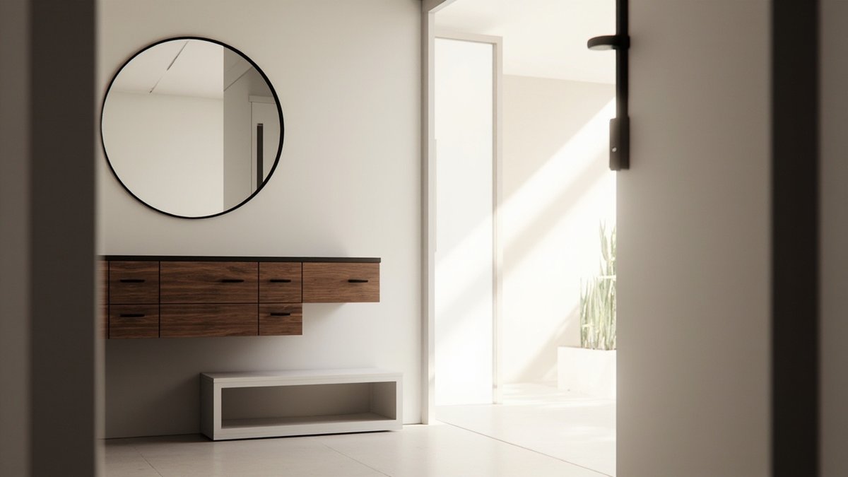 Illustrative concept design: entrance with a floating walnut console, a round black mirror and a white shoe bench