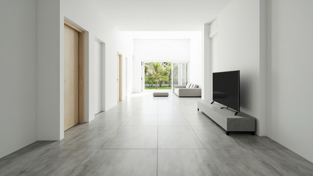 Illustrative concept design: long room with grey large-format tiles running toward garden doors