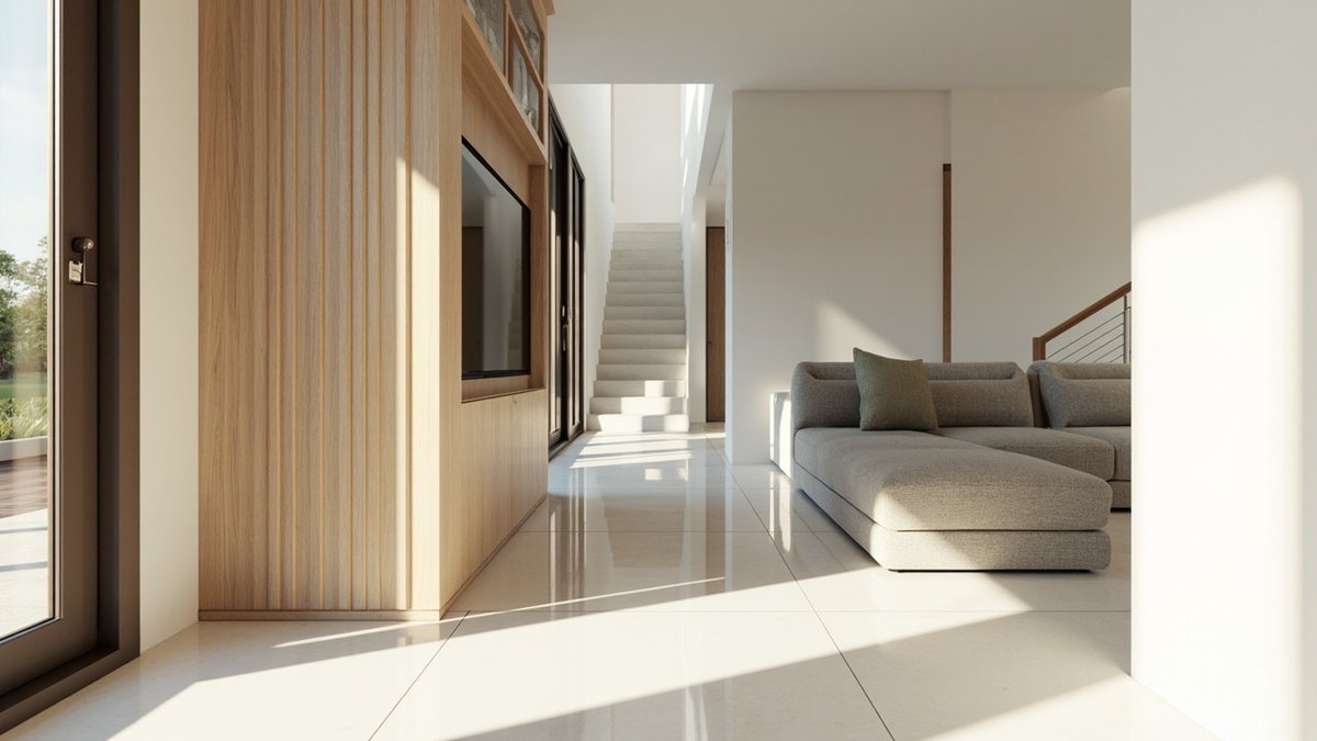 Illustrative concept design: front living area with a light oak fluted TV wall unit, a grey L-shaped sofa, glossy light tiles and a white staircase rising at the back