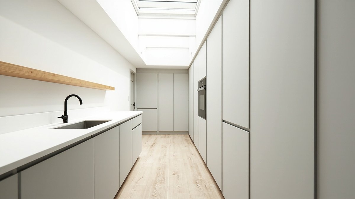 概念设计示意图：排屋后部扩建中以屋顶天窗照明的修长厨房