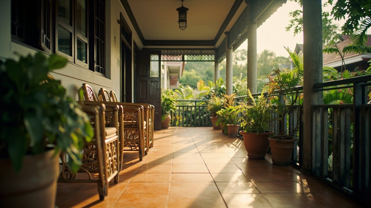 Covered verandah floor of matt orange-brown terracotta tiles with potted plants and rattan chairs