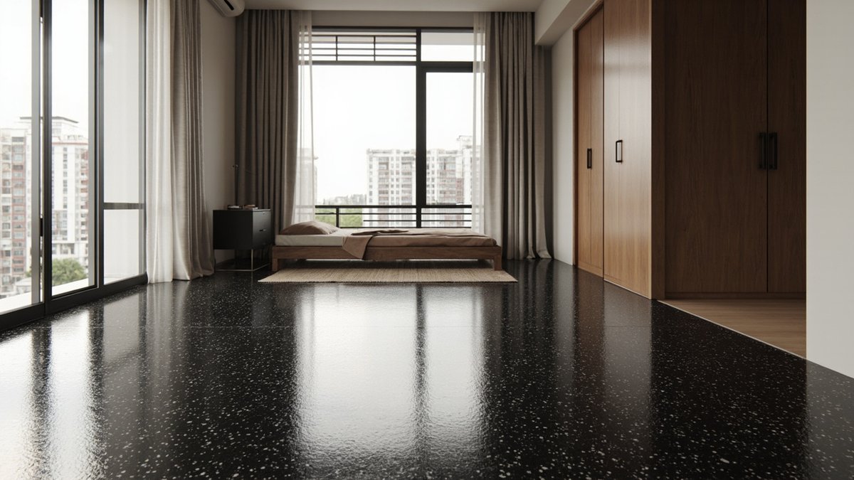 Illustrative concept design: polished black terrazzo floor with white chips under a low oak bed in a master bedroom