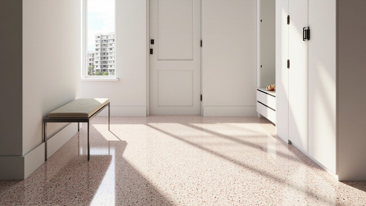 Illustrative concept design: blush pink terrazzo floor with white and maroon chips in an entrance foyer